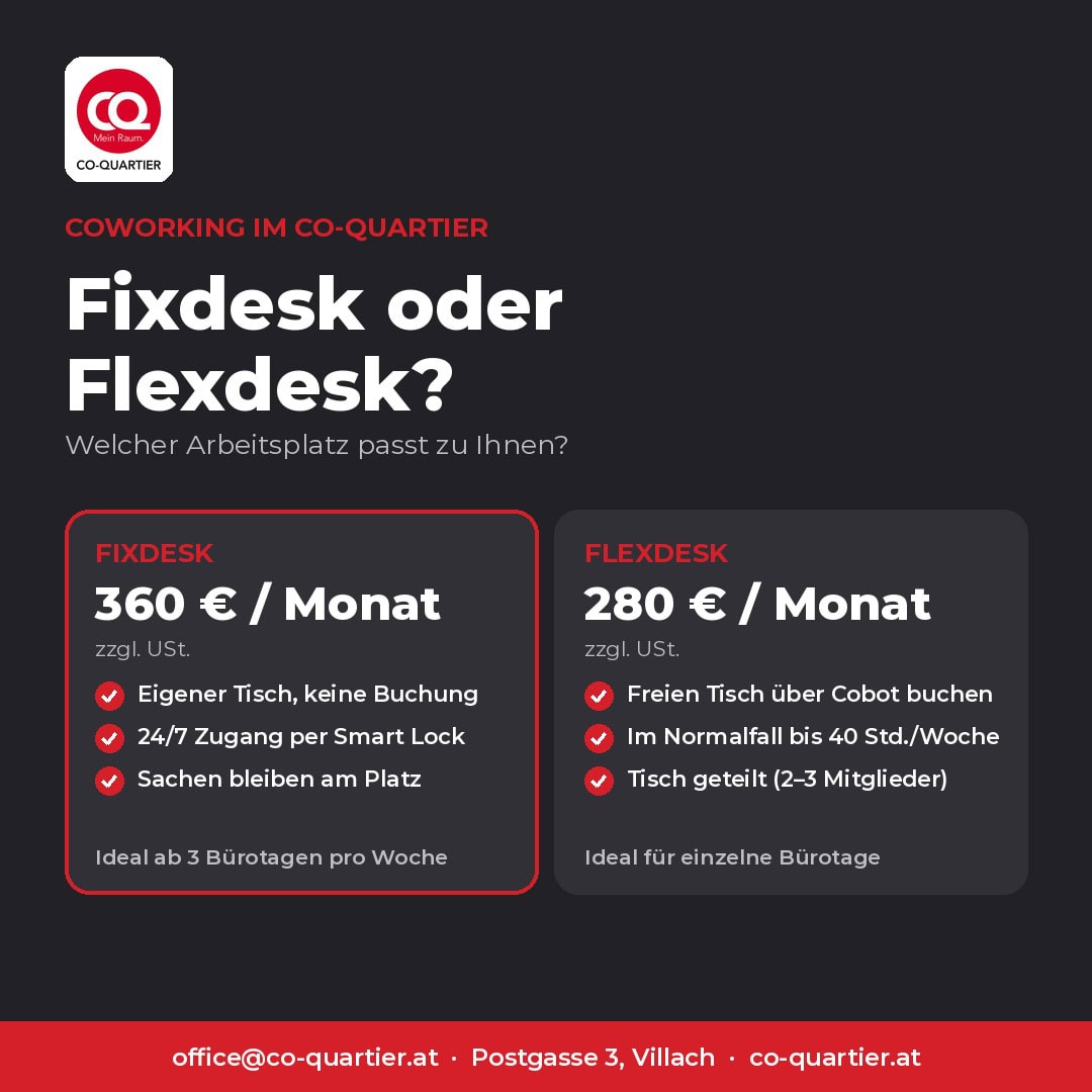Fixdesk oder Flexdesk im Co-Quartier Villach – Vergleich